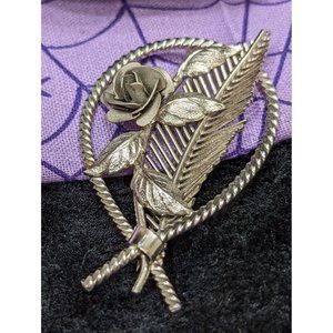 Bond Boyd Sterling Silver Brooch Pin Rose with Leaves, Feather in Rope Loop